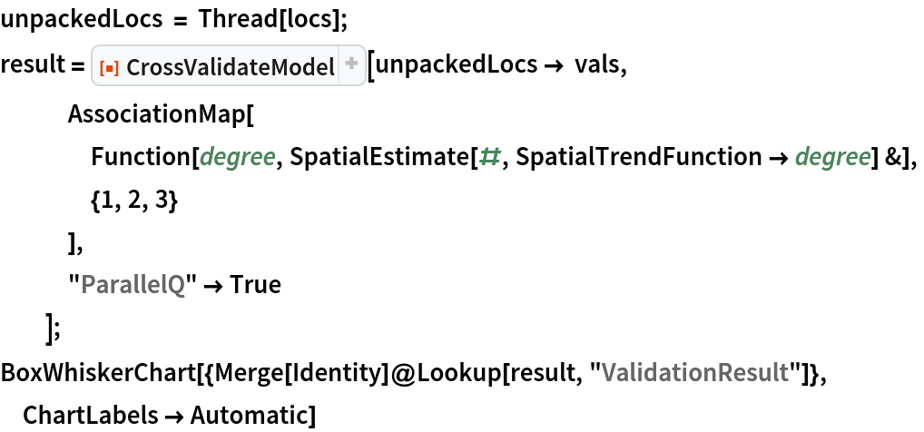unpackedLocs = Thread[locs];
result = ResourceFunction["CrossValidateModel"][unpackedLocs -> vals,
   AssociationMap[
    Function[degree, SpatialEstimate[#, SpatialTrendFunction -> degree] &],
    {1, 2, 3}
    ],
   "ParallelQ" -> True
   ];
BoxWhiskerChart[{Merge[Identity]@Lookup[result, "ValidationResult"]}, ChartLabels -> Automatic]