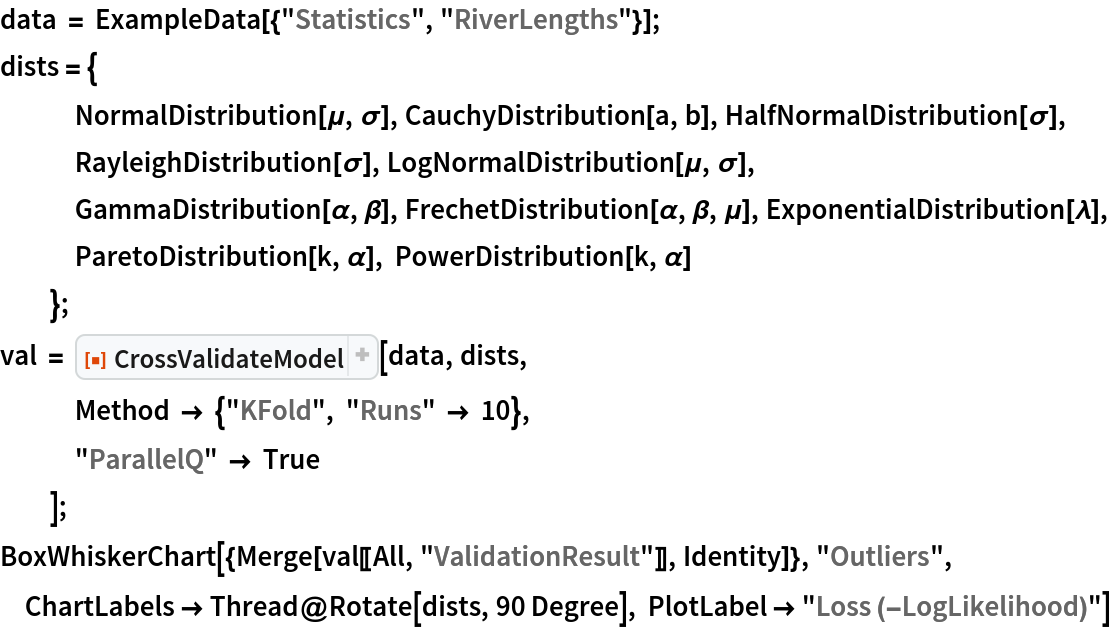 data = ExampleData[{"Statistics", "RiverLengths"}];
dists = {
   NormalDistribution[\[Mu], \[Sigma]], CauchyDistribution[a, b], HalfNormalDistribution[\[Sigma]],
   RayleighDistribution[\[Sigma]], LogNormalDistribution[\[Mu], \[Sigma]],
   GammaDistribution[\[Alpha], \[Beta]], FrechetDistribution[\[Alpha], \[Beta], \[Mu]], ExponentialDistribution[\[Lambda]], ParetoDistribution[k, \[Alpha]], PowerDistribution[k, \[Alpha]]
   };
val = ResourceFunction["CrossValidateModel"][data, dists,
   Method -> {"KFold", "Runs" -> 10},
   "ParallelQ" -> True
   ];
BoxWhiskerChart[{Merge[val[[All, "ValidationResult"]], Identity]}, "Outliers", ChartLabels -> Thread@Rotate[dists, 90 Degree], PlotLabel -> "Loss (-LogLikelihood)"]