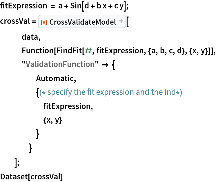 fitExpression = a + Sin[d + b x + c y];
crossVal = ResourceFunction["CrossValidateModel"][
   data,
   Function[FindFit[#, fitExpression, {a, b, c, d}, {x, y}]],
   "ValidationFunction" -> {
     Automatic,
     {(* specify the fit expression and the ind*)
      fitExpression,
      {x, y}
      }
     }
   ];
Dataset[crossVal]