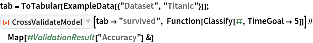 tab = ToTabular[ExampleData[{"Dataset", "Titanic"}]];
ResourceFunction[
  "CrossValidateModel", ResourceSystemBase -> "https://www.wolframcloud.com/obj/resourcesystem/api/1.0"][tab -> "survived", Function[Classify[#, TimeGoal -> 5]]] // Map[#ValidationResult["Accuracy"] &]