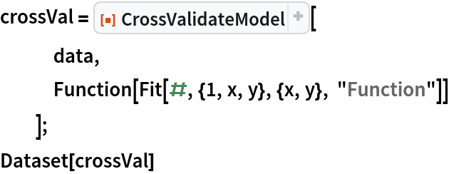crossVal = ResourceFunction["CrossValidateModel"][
   data,
   Function[Fit[#, {1, x, y}, {x, y}, "Function"]]
   ];
Dataset[crossVal]