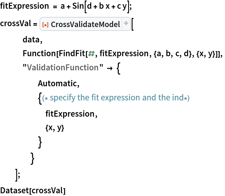 fitExpression = a + Sin[d + b x + c y];
crossVal = ResourceFunction[
   "CrossValidateModel", ResourceSystemBase -> "https://www.wolframcloud.com/obj/resourcesystem/api/1.0"][
   data,
   Function[FindFit[#, fitExpression, {a, b, c, d}, {x, y}]],
   "ValidationFunction" -> {
     Automatic,
     {(* specify the fit expression and the ind*)
      fitExpression,
      {x, y}
      }
     }
   ];
Dataset[crossVal]