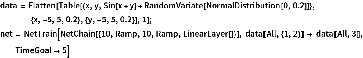 data = Flatten[
   Table[{x, y, Sin[x + y] + RandomVariate[NormalDistribution[0, 0.2]]}, {x, -5, 5, 0.2}, {y, -5, 5, 0.2}], 1];
net = NetTrain[NetChain[{10, Ramp, 10, Ramp, LinearLayer[]}], data[[All, {1, 2}]] -> data[[All, 3]], TimeGoal -> 5]
