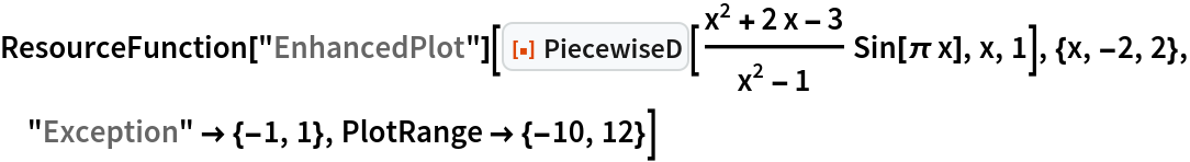 ResourceFunction["EnhancedPlot"][
 ResourceFunction["PiecewiseD", ResourceVersion->"1.0.0"][(x^2 + 2 x - 3)/(x^2 - 1) Sin[\[Pi] x], x, 1], {x, -2,
   2}, "Exception" -> {-1, 1}, PlotRange -> {-10, 12}]