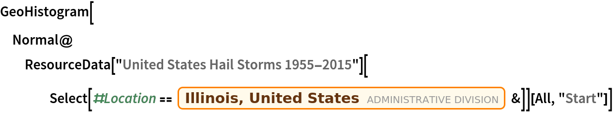 GeoHistogram[
 Normal@ResourceData["United States Hail Storms 1955-2015"][
    Select[#Location == Entity["AdministrativeDivision", {"Illinois", "UnitedStates"}] &]][All, "Start"]]