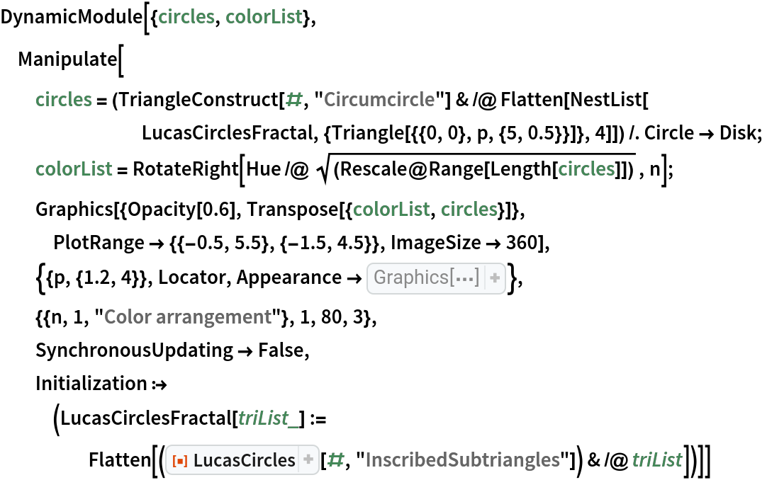 DynamicModule[{circles, colorList},
 Manipulate[
  circles = (TriangleConstruct[#, "Circumcircle"] & /@ Flatten[NestList[
        LucasCirclesFractal, {Triangle[{{0, 0}, p, {5, 0.5}}]}, 4]]) /. Circle -> Disk;
  colorList = RotateRight[Hue /@ Sqrt[(Rescale@Range[Length[circles]])], n];
  Graphics[{Opacity[0.6], Transpose[{colorList, circles}]},
   PlotRange -> {{-0.5, 5.5}, {-1.5, 4.5}}, ImageSize -> 360],
  {{p, {1.2, 4}}, Locator, Appearance -> Graphics[{Red, 
Table[
Circle[{0, 0}, i], {i, 3}]}, ImageSize -> 20]},
  {{n, 1, "Color arrangement"}, 1, 80, 3},
  SynchronousUpdating -> False, Initialization :> (LucasCirclesFractal[triList_] := Flatten[(ResourceFunction["LucasCircles"][#, "InscribedSubtriangles"]) & /@ triList])]]