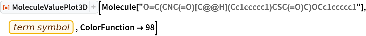 ResourceFunction["MoleculeValuePlot3D"][
 Molecule["O=C(CNC(=O)[C@@H](Cc1ccccc1)CSC(=O)C)OCc1ccccc1"], EntityProperty["Element", "TermSymbol"], ColorFunction -> 98]