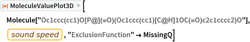 ResourceFunction["MoleculeValuePlot3D"][
 Molecule["Oc1ccc(cc1)O[P@](=O)(Oc1ccc(cc1)[C@H]1OC(=O)c2c1cccc2)O"], EntityProperty["Element", "SoundSpeed"], "ExclusionFunction" -> MissingQ]