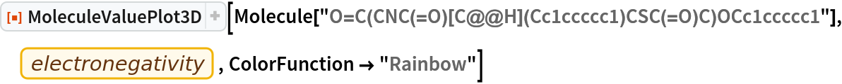ResourceFunction["MoleculeValuePlot3D"][
 Molecule["O=C(CNC(=O)[C@@H](Cc1ccccc1)CSC(=O)C)OCc1ccccc1"], EntityProperty["Element", "Electronegativity"], ColorFunction -> "Rainbow"]