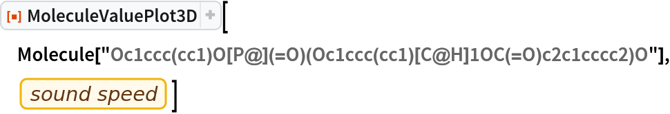 ResourceFunction["MoleculeValuePlot3D"][
 Molecule["Oc1ccc(cc1)O[P@](=O)(Oc1ccc(cc1)[C@H]1OC(=O)c2c1cccc2)O"], EntityProperty["Element", "SoundSpeed"]]