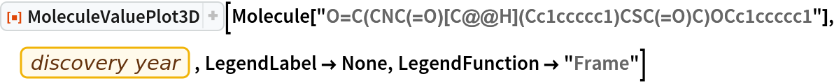 ResourceFunction["MoleculeValuePlot3D"][
 Molecule["O=C(CNC(=O)[C@@H](Cc1ccccc1)CSC(=O)C)OCc1ccccc1"], EntityProperty["Element", "DiscoveryYear"], LegendLabel -> None, LegendFunction -> "Frame"]
