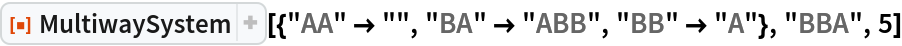 ResourceFunction[
 "MultiwaySystem"][{"AA" -> "", "BA" -> "ABB", "BB" -> "A"}, "BBA", 5]