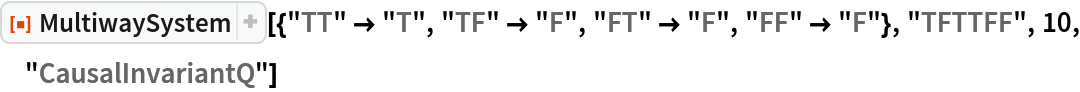 ResourceFunction[
 "MultiwaySystem"][{"TT" -> "T", "TF" -> "F", "FT" -> "F", "FF" -> "F"}, "TFTTFF", 10, "CausalInvariantQ"]