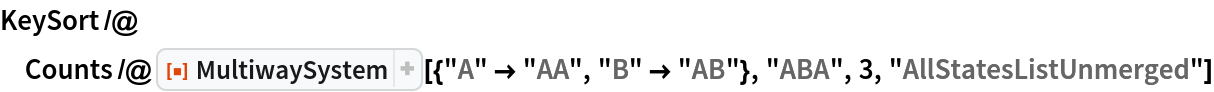 KeySort /@ Counts /@ ResourceFunction["MultiwaySystem"][{"A" -> "AA", "B" -> "AB"}, "ABA", 3, "AllStatesListUnmerged"]