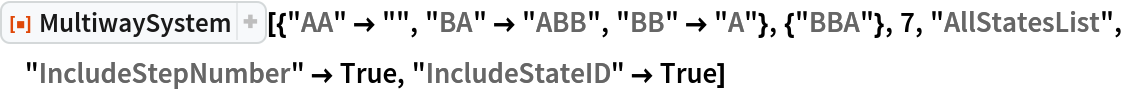 ResourceFunction[
 "MultiwaySystem"][{"AA" -> "", "BA" -> "ABB", "BB" -> "A"}, {"BBA"}, 7, "AllStatesList", "IncludeStepNumber" -> True, "IncludeStateID" -> True]