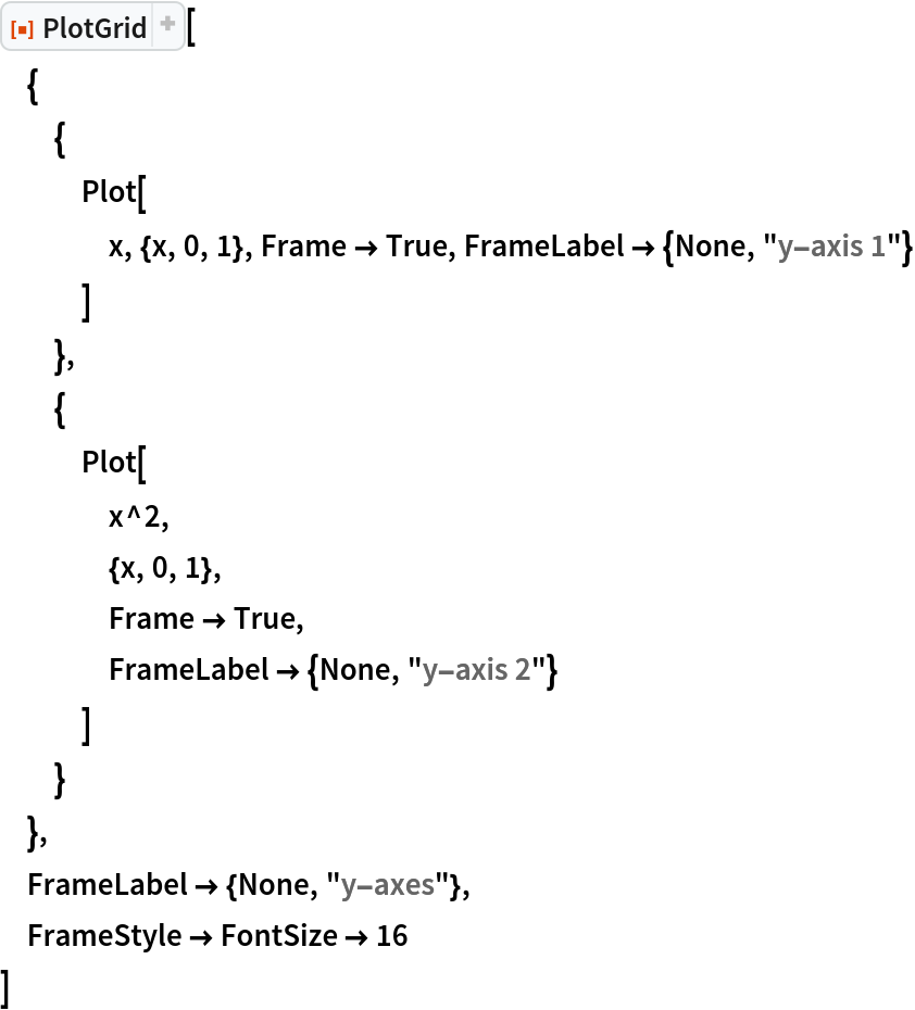 ResourceFunction["PlotGrid"][
 {
  {
   Plot[
    x, {x, 0, 1}, Frame -> True, FrameLabel -> {None, "y-axis 1"}
    ]
   },
  {
   Plot[
    x^2,
    {x, 0, 1},
    Frame -> True,
    FrameLabel -> {None, "y-axis 2"}
    ]
   }
  },
 FrameLabel -> {None, "y-axes"},
 FrameStyle -> FontSize -> 16
 ]