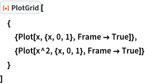 ResourceFunction["PlotGrid"][
 {
  {Plot[x, {x, 0, 1}, Frame -> True]},
  {Plot[x^2, {x, 0, 1}, Frame -> True]}
  }
 ]