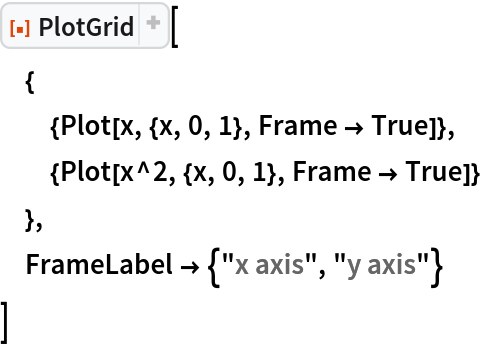 ResourceFunction["PlotGrid"][
 {
  {Plot[x, {x, 0, 1}, Frame -> True]},
  {Plot[x^2, {x, 0, 1}, Frame -> True]}
  },
 FrameLabel -> {"x axis", "y axis"}
 ]
