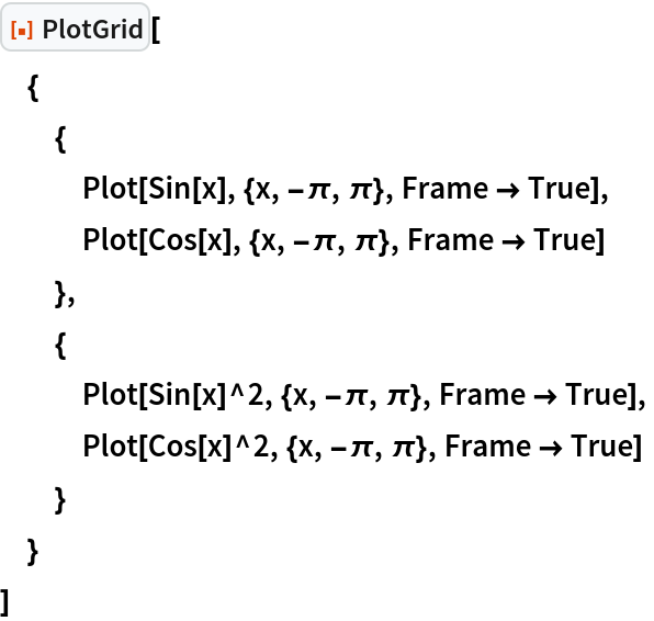 ResourceFunction["PlotGrid"][
 {
  {
   Plot[Sin[x], {x, -\[Pi], \[Pi]}, Frame -> True],
   Plot[Cos[x], {x, -\[Pi], \[Pi]}, Frame -> True]
   },
  {
   Plot[Sin[x]^2, {x, -\[Pi], \[Pi]}, Frame -> True],
   Plot[Cos[x]^2, {x, -\[Pi], \[Pi]}, Frame -> True]
   }
  }
 ]