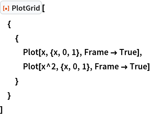 ResourceFunction["PlotGrid"][
 {
  {
   Plot[x, {x, 0, 1}, Frame -> True],
   Plot[x^2, {x, 0, 1}, Frame -> True]
   }
  }
 ]