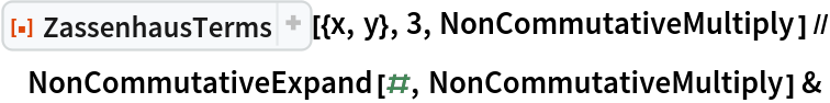 ResourceFunction["ZassenhausTerms"][{x, y}, 3, NonCommutativeMultiply] // NonCommutativeExpand[#, NonCommutativeMultiply] &