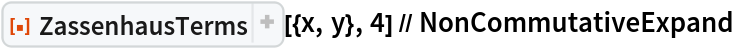 ResourceFunction["ZassenhausTerms"][{x, y}, 4] // NonCommutativeExpand