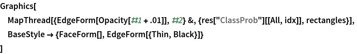 Graphics[
 MapThread[{EdgeForm[Opacity[#1 + .01]], #2} &, {res["ClassProb"][[
    All, idx]], rectangles}],
 BaseStyle -> {FaceForm[], EdgeForm[{Thin, Black}]}
 ]