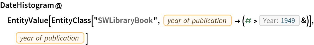 DateHistogram@
 EntityValue[
  EntityClass["SWLibraryBook", EntityProperty["SWLibraryBook", "Year"] -> (# > DateObject[{1949}, "Year", "Gregorian", -4.`] &)],
   EntityProperty["SWLibraryBook", "Year"]]