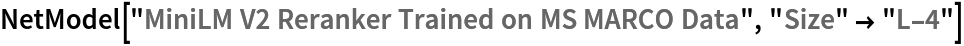 NetModel["MiniLM V2 Reranker Trained on MS MARCO Data", "Size" -> "L-4"]