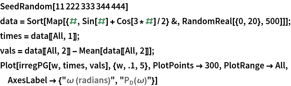 SeedRandom[11222333344444]
data = Sort[Map[{#, Sin[#] + Cos[3*#]/2} &, RandomReal[{0, 20}, 500]]];
times = data[[All, 1]];
vals = data[[All, 2]] - Mean[data[[All, 2]]];
Plot[irregPG[w, times, vals], {w, .1, 5}, PlotPoints -> 300, PlotRange -> All, AxesLabel -> {"\[Omega] (radians)", "\!\(\*SubscriptBox[\(P\), \(D\)]\)(\[Omega])"}]