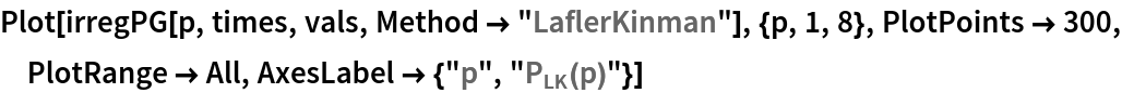 Plot[irregPG[p, times, vals, Method -> "LaflerKinman"], {p, 1, 8}, PlotPoints -> 300, PlotRange -> All, AxesLabel -> {"p", "\!\(\*SubscriptBox[\(P\), \(LK\)]\)(p)"}]