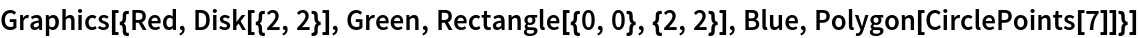 Graphics[{Red, Disk[{2, 2}], Green, Rectangle[{0, 0}, {2, 2}], Blue, Polygon[CirclePoints[7]]}]