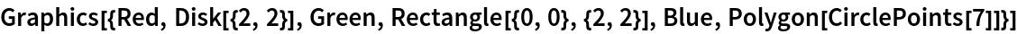 Graphics[{Red, Disk[{2, 2}], Green, Rectangle[{0, 0}, {2, 2}], Blue, Polygon[CirclePoints[7]]}]