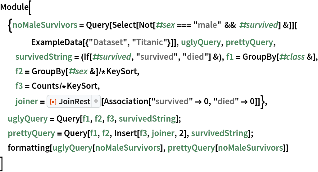 Module[{noMaleSurvivors = Query[Select[Not[#sex === "male" && #survived] &]][
    ExampleData[{"Dataset", "Titanic"}]], uglyQuery, prettyQuery, survivedString = (If[#survived, "survived", "died"] &), f1 = GroupBy[#class &], f2 = GroupBy[#sex &]/*KeySort,
  f3 = Counts/*KeySort,
  joiner = ResourceFunction["JoinRest"][
    Association["survived" -> 0, "died" -> 0]]},
 uglyQuery = Query[f1, f2, f3, survivedString];
 prettyQuery = Query[f1, f2, Insert[f3, joiner, 2], survivedString]; formatting[uglyQuery[noMaleSurvivors], prettyQuery[noMaleSurvivors]]
 ]