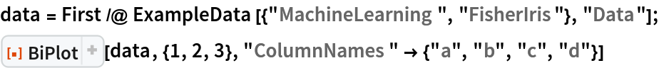 data = First /@ ExampleData[{"MachineLearning", "FisherIris"}, "Data"];
ResourceFunction["BiPlot"][data, {1, 2, 3}, "ColumnNames" -> {"a", "b", "c", "d"}]
