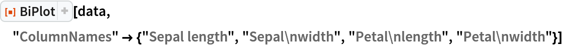 ResourceFunction["BiPlot"][data, "ColumnNames" -> {"Sepal length", "Sepal\nwidth", "Petal\nlength", "Petal\nwidth"}]