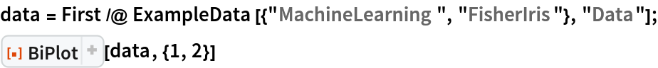 data = First /@ ExampleData[{"MachineLearning", "FisherIris"}, "Data"];
ResourceFunction["BiPlot"][data, {1, 2}]