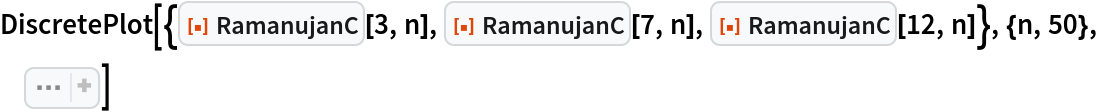 DiscretePlot[{ResourceFunction["RamanujanC"][3, n], ResourceFunction["RamanujanC"][7, n], ResourceFunction["RamanujanC"][12, n]}, {n, 50}, Sequence[
 Joined -> True, PlotLegends -> {
   "\!\(\*SubscriptBox[\(c\), \(3\)]\)(n)", "\!\(\*SubscriptBox[\(c\), \(7\)]\)(n)", "\!\(\*SubscriptBox[\(c\), \(12\)]\)(n)"}]]