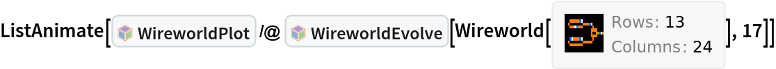 ListAnimate[InterpretationBox[FrameBox[TagBox[TooltipBox[PaneBox[GridBox[List[List[GraphicsBox[List[Thickness[0.0025`], List[FaceForm[List[RGBColor[0.9607843137254902`, 0.5058823529411764`, 0.19607843137254902`], Opacity[1.`]]], FilledCurveBox[List[List[List[0, 2, 0], List[0, 1, 0], List[0, 1, 0], List[0, 1, 0], List[0, 1, 0]], List[List[0, 2, 0], List[0, 1, 0], List[0, 1, 0], List[0, 1, 0], List[0, 1, 0]], List[List[0, 2, 0], List[0, 1, 0], List[0, 1, 0], List[0, 1, 0], List[0, 1, 0], List[0, 1, 0]], List[List[0, 2, 0], List[1, 3, 3], List[0, 1, 0], List[1, 3, 3], List[0, 1, 0], List[1, 3, 3], List[0, 1, 0], List[1, 3, 3], List[1, 3, 3], List[0, 1, 0], List[1, 3, 3], List[0, 1, 0], List[1, 3, 3]]], List[List[List[205.`, 22.863691329956055`], List[205.`, 212.31669425964355`], List[246.01799774169922`, 235.99870109558105`], List[369.0710144042969`, 307.0436840057373`], List[369.0710144042969`, 117.59068870544434`], List[205.`, 22.863691329956055`]], List[List[30.928985595703125`, 307.0436840057373`], List[153.98200225830078`, 235.99870109558105`], List[195.`, 212.31669425964355`], List[195.`, 22.863691329956055`], List[30.928985595703125`, 117.59068870544434`], List[30.928985595703125`, 307.0436840057373`]], List[List[200.`, 410.42970085144043`], List[364.0710144042969`, 315.7036876678467`], List[241.01799774169922`, 244.65868949890137`], List[200.`, 220.97669792175293`], List[158.98200225830078`, 244.65868949890137`], List[35.928985595703125`, 315.7036876678467`], List[200.`, 410.42970085144043`]], List[List[376.5710144042969`, 320.03370475769043`], List[202.5`, 420.53370475769043`], List[200.95300006866455`, 421.42667961120605`], List[199.04699993133545`, 421.42667961120605`], List[197.5`, 420.53370475769043`], List[23.428985595703125`, 320.03370475769043`], List[21.882003784179688`, 319.1406993865967`], List[20.928985595703125`, 317.4896984100342`], List[20.928985595703125`, 315.7036876678467`], List[20.928985595703125`, 114.70369529724121`], List[20.928985595703125`, 112.91769218444824`], List[21.882003784179688`, 111.26669120788574`], List[23.428985595703125`, 110.37369346618652`], List[197.5`, 9.87369155883789`], List[198.27300024032593`, 9.426692008972168`], List[199.13700008392334`, 9.203690528869629`], List[200.`, 9.203690528869629`], List[200.86299991607666`, 9.203690528869629`], List[201.72699999809265`, 9.426692008972168`], List[202.5`, 9.87369155883789`], List[376.5710144042969`, 110.37369346618652`], List[378.1179962158203`, 111.26669120788574`], List[379.0710144042969`, 112.91769218444824`], List[379.0710144042969`, 114.70369529724121`], List[379.0710144042969`, 315.7036876678467`], List[379.0710144042969`, 317.4896984100342`], List[378.1179962158203`, 319.1406993865967`], List[376.5710144042969`, 320.03370475769043`]]]]], List[FaceForm[List[RGBColor[0.5529411764705883`, 0.6745098039215687`, 0.8117647058823529`], Opacity[1.`]]], FilledCurveBox[List[List[List[0, 2, 0], List[0, 1, 0], List[0, 1, 0], List[0, 1, 0]]], List[List[List[44.92900085449219`, 282.59088134765625`], List[181.00001525878906`, 204.0298843383789`], List[181.00001525878906`, 46.90887451171875`], List[44.92900085449219`, 125.46986389160156`], List[44.92900085449219`, 282.59088134765625`]]]]], List[FaceForm[List[RGBColor[0.6627450980392157`, 0.803921568627451`, 0.5686274509803921`], Opacity[1.`]]], FilledCurveBox[List[List[List[0, 2, 0], List[0, 1, 0], List[0, 1, 0], List[0, 1, 0]]], List[List[List[355.0710144042969`, 282.59088134765625`], List[355.0710144042969`, 125.46986389160156`], List[219.`, 46.90887451171875`], List[219.`, 204.0298843383789`], List[355.0710144042969`, 282.59088134765625`]]]]], List[FaceForm[List[RGBColor[0.6901960784313725`, 0.5882352941176471`, 0.8117647058823529`], Opacity[1.`]]], FilledCurveBox[List[List[List[0, 2, 0], List[0, 1, 0], List[0, 1, 0], List[0, 1, 0]]], List[List[List[200.`, 394.0606994628906`], List[336.0710144042969`, 315.4997024536133`], List[200.`, 236.93968200683594`], List[63.928985595703125`, 315.4997024536133`], List[200.`, 394.0606994628906`]]]]]], List[Rule[BaselinePosition, Scaled[0.15`]], Rule[ImageSize, 10], Rule[ImageSize, 15]]], StyleBox[RowBox[List["WireworldPlot", " "]], Rule[ShowAutoStyles, False], Rule[ShowStringCharacters, False], Rule[FontSize, Times[0.9`, Inherited]], Rule[FontColor, GrayLevel[0.1`]]]]], Rule[GridBoxSpacings, List[Rule["Columns", List[List[0.25`]]]]]], Rule[Alignment, List[Left, Baseline]], Rule[BaselinePosition, Baseline], Rule[FrameMargins, List[List[3, 0], List[0, 0]]], Rule[BaseStyle, List[Rule[LineSpacing, List[0, 0]], Rule[LineBreakWithin, False]]]], RowBox[List["PacletSymbol", "[", RowBox[List["\"DanielS/Wireworld\"", ",", "\"DanielS`Wireworld`WireworldPlot\""]], "]"]], Rule[TooltipStyle, List[Rule[ShowAutoStyles, True], Rule[ShowStringCharacters, True]]]], Function[Annotation[Slot[1], Style[Defer[PacletSymbol["DanielS/Wireworld", "DanielS`Wireworld`WireworldPlot"]], Rule[ShowStringCharacters, True]], "Tooltip"]]], Rule[Background, RGBColor[0.968`, 0.976`, 0.984`]], Rule[BaselinePosition, Baseline], Rule[DefaultBaseStyle, List[]], Rule[FrameMargins, List[List[0, 0], List[1, 1]]], Rule[FrameStyle, RGBColor[0.831`, 0.847`, 0.85`]], Rule[RoundingRadius, 4]], PacletSymbol["DanielS/Wireworld", "DanielS`Wireworld`WireworldPlot"], Rule[Selectable, False], Rule[SelectWithContents, True], Rule[BoxID, "PacletSymbolBox"]] /@ InterpretationBox[FrameBox[TagBox[TooltipBox[PaneBox[GridBox[List[List[GraphicsBox[List[Thickness[0.0025`], List[FaceForm[List[RGBColor[0.9607843137254902`, 0.5058823529411764`, 0.19607843137254902`], Opacity[1.`]]], FilledCurveBox[List[List[List[0, 2, 0], List[0, 1, 0], List[0, 1, 0], List[0, 1, 0], List[0, 1, 0]], List[List[0, 2, 0], List[0, 1, 0], List[0, 1, 0], List[0, 1, 0], List[0, 1, 0]], List[List[0, 2, 0], List[0, 1, 0], List[0, 1, 0], List[0, 1, 0], List[0, 1, 0], List[0, 1, 0]], List[List[0, 2, 0], List[1, 3, 3], List[0, 1, 0], List[1, 3, 3], List[0, 1, 0], List[1, 3, 3], List[0, 1, 0], List[1, 3, 3], List[1, 3, 3], List[0, 1, 0], List[1, 3, 3], List[0, 1, 0], List[1, 3, 3]]], List[List[List[205.`, 22.863691329956055`], List[205.`, 212.31669425964355`], List[246.01799774169922`, 235.99870109558105`], List[369.0710144042969`, 307.0436840057373`], List[369.0710144042969`, 117.59068870544434`], List[205.`, 22.863691329956055`]], List[List[30.928985595703125`, 307.0436840057373`], List[153.98200225830078`, 235.99870109558105`], List[195.`, 212.31669425964355`], List[195.`, 22.863691329956055`], List[30.928985595703125`, 117.59068870544434`], List[30.928985595703125`, 307.0436840057373`]], List[List[200.`, 410.42970085144043`], List[364.0710144042969`, 315.7036876678467`], List[241.01799774169922`, 244.65868949890137`], List[200.`, 220.97669792175293`], List[158.98200225830078`, 244.65868949890137`], List[35.928985595703125`, 315.7036876678467`], List[200.`, 410.42970085144043`]], List[List[376.5710144042969`, 320.03370475769043`], List[202.5`, 420.53370475769043`], List[200.95300006866455`, 421.42667961120605`], List[199.04699993133545`, 421.42667961120605`], List[197.5`, 420.53370475769043`], List[23.428985595703125`, 320.03370475769043`], List[21.882003784179688`, 319.1406993865967`], List[20.928985595703125`, 317.4896984100342`], List[20.928985595703125`, 315.7036876678467`], List[20.928985595703125`, 114.70369529724121`], List[20.928985595703125`, 112.91769218444824`], List[21.882003784179688`, 111.26669120788574`], List[23.428985595703125`, 110.37369346618652`], List[197.5`, 9.87369155883789`], List[198.27300024032593`, 9.426692008972168`], List[199.13700008392334`, 9.203690528869629`], List[200.`, 9.203690528869629`], List[200.86299991607666`, 9.203690528869629`], List[201.72699999809265`, 9.426692008972168`], List[202.5`, 9.87369155883789`], List[376.5710144042969`, 110.37369346618652`], List[378.1179962158203`, 111.26669120788574`], List[379.0710144042969`, 112.91769218444824`], List[379.0710144042969`, 114.70369529724121`], List[379.0710144042969`, 315.7036876678467`], List[379.0710144042969`, 317.4896984100342`], List[378.1179962158203`, 319.1406993865967`], List[376.5710144042969`, 320.03370475769043`]]]]], List[FaceForm[List[RGBColor[0.5529411764705883`, 0.6745098039215687`, 0.8117647058823529`], Opacity[1.`]]], FilledCurveBox[List[List[List[0, 2, 0], List[0, 1, 0], List[0, 1, 0], List[0, 1, 0]]], List[List[List[44.92900085449219`, 282.59088134765625`], List[181.00001525878906`, 204.0298843383789`], List[181.00001525878906`, 46.90887451171875`], List[44.92900085449219`, 125.46986389160156`], List[44.92900085449219`, 282.59088134765625`]]]]], List[FaceForm[List[RGBColor[0.6627450980392157`, 0.803921568627451`, 0.5686274509803921`], Opacity[1.`]]], FilledCurveBox[List[List[List[0, 2, 0], List[0, 1, 0], List[0, 1, 0], List[0, 1, 0]]], List[List[List[355.0710144042969`, 282.59088134765625`], List[355.0710144042969`, 125.46986389160156`], List[219.`, 46.90887451171875`], List[219.`, 204.0298843383789`], List[355.0710144042969`, 282.59088134765625`]]]]], List[FaceForm[List[RGBColor[0.6901960784313725`, 0.5882352941176471`, 0.8117647058823529`], Opacity[1.`]]], FilledCurveBox[List[List[List[0, 2, 0], List[0, 1, 0], List[0, 1, 0], List[0, 1, 0]]], List[List[List[200.`, 394.0606994628906`], List[336.0710144042969`, 315.4997024536133`], List[200.`, 236.93968200683594`], List[63.928985595703125`, 315.4997024536133`], List[200.`, 394.0606994628906`]]]]]], List[Rule[BaselinePosition, Scaled[0.15`]], Rule[ImageSize, 10], Rule[ImageSize, 15]]], StyleBox[RowBox[List["WireworldEvolve", " "]], Rule[ShowAutoStyles, False], Rule[ShowStringCharacters, False], Rule[FontSize, Times[0.9`, Inherited]], Rule[FontColor, GrayLevel[0.1`]]]]], Rule[GridBoxSpacings, List[Rule["Columns", List[List[0.25`]]]]]], Rule[Alignment, List[Left, Baseline]], Rule[BaselinePosition, Baseline], Rule[FrameMargins, List[List[3, 0], List[0, 0]]], Rule[BaseStyle, List[Rule[LineSpacing, List[0, 0]], Rule[LineBreakWithin, False]]]], RowBox[List["PacletSymbol", "[", RowBox[List["\"DanielS/Wireworld\"", ",", "\"DanielS`Wireworld`WireworldEvolve\""]], "]"]], Rule[TooltipStyle, List[Rule[ShowAutoStyles, True], Rule[ShowStringCharacters, True]]]], Function[Annotation[Slot[1], Style[Defer[PacletSymbol["DanielS/Wireworld", "DanielS`Wireworld`WireworldEvolve"]], Rule[ShowStringCharacters, True]], "Tooltip"]]], Rule[Background, RGBColor[0.968`, 0.976`, 0.984`]], Rule[BaselinePosition, Baseline], Rule[DefaultBaseStyle, List[]], Rule[FrameMargins, List[List[0, 0], List[1, 1]]], Rule[FrameStyle, RGBColor[0.831`, 0.847`, 0.85`]], Rule[RoundingRadius, 4]], PacletSymbol["DanielS/Wireworld", "DanielS`Wireworld`WireworldEvolve"], Rule[Selectable, False], Rule[SelectWithContents, True], Rule[BoxID, "PacletSymbolBox"]][
   DanielS`Wireworld`Wireworld[CompressedData["
1:eJxTTMoPSmNiYGAo5gASQYnljkVFiZXBAkBOaF5xZnpeaopnXklqemqRRRJI
GS8QSzCQBZjBgIkRXRhZHlkWyGVkAhJoyjANxSoOkmJixJBDUg+URbKRGUkn
snvR3Y/dOqIBACcEDSg=
"]], 17]]