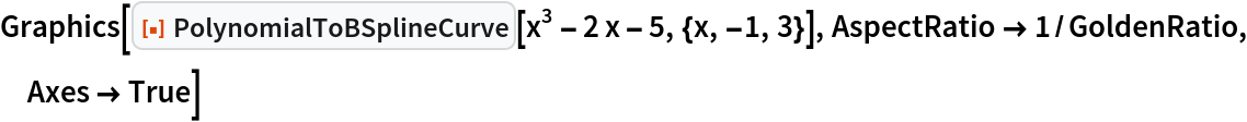 Graphics[ResourceFunction["PolynomialToBSplineCurve"][
  x^3 - 2 x - 5, {x, -1, 3}], AspectRatio -> 1/GoldenRatio, Axes -> True]