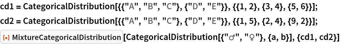 cd1 = CategoricalDistribution[{{"A", "B", "C"}, {"D", "E"}}, {{1, 2}, {3, 4}, {5, 6}}];
cd2 = CategoricalDistribution[{{"A", "B", "C"}, {"D", "E"}}, {{1, 5}, {2, 4}, {9, 2}}];
ResourceFunction["MixtureCategoricalDistribution"][
 CategoricalDistribution[{"\[Mars]", "\[Venus]"}, {a, b}], {cd1, cd2}]