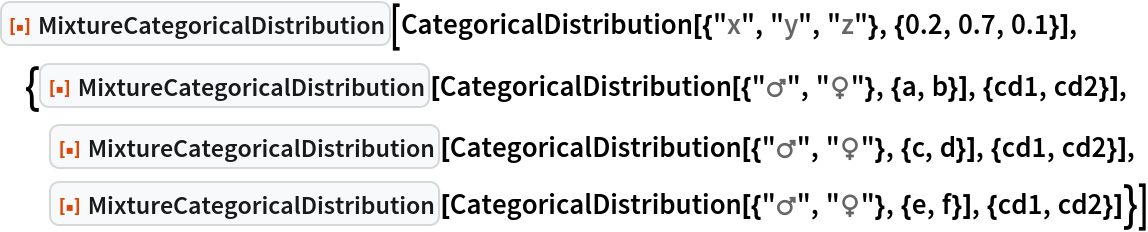 ResourceFunction["MixtureCategoricalDistribution"][
 CategoricalDistribution[{"x", "y", "z"}, {0.2, 0.7, 0.1}], {ResourceFunction["MixtureCategoricalDistribution"][
   CategoricalDistribution[{"\[Mars]", "\[Venus]"}, {a, b}], {cd1, cd2}],
  ResourceFunction["MixtureCategoricalDistribution"][
   CategoricalDistribution[{"\[Mars]", "\[Venus]"}, {c, d}], {cd1, cd2}], ResourceFunction["MixtureCategoricalDistribution"][
   CategoricalDistribution[{"\[Mars]", "\[Venus]"}, {e, f}], {cd1, cd2}]}]