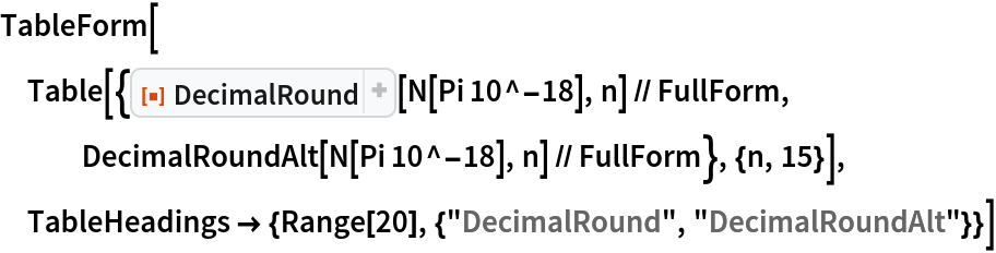 TableForm[
 Table[{ResourceFunction["DecimalRound"][N[Pi 10^-18], n] // FullForm,
    DecimalRoundAlt[N[Pi 10^-18], n] // FullForm}, {n, 15}], TableHeadings -> {Range[20], {"DecimalRound", "DecimalRoundAlt"}}]