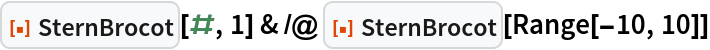 ResourceFunction["SternBrocot"][#, 1] & /@ ResourceFunction["SternBrocot"][Range[-10, 10]]