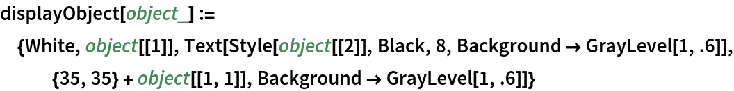 displayObject[object_] := {White, object[[1]], Text[Style[object[[2]], Black, 8, Background -> GrayLevel[1, .6]], {35, 35} + object[[1, 1]], Background -> GrayLevel[1, .6]]}