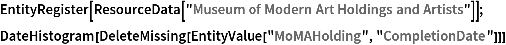 EntityRegister[ResourceData[\!\(\*
TagBox["\"\<Museum of Modern Art Holdings and Artists\>\"",
#& ,
BoxID -> "ResourceTag-Museum of Modern Art Holdings and Artists-Input",
AutoDelete->True]\)]];
DateHistogram[
 DeleteMissing[EntityValue["MoMAHolding", "CompletionDate"]]]