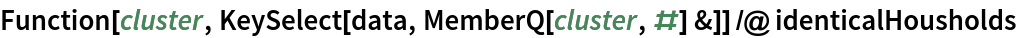Function[cluster, KeySelect[data, MemberQ[cluster, #] &]] /@ identicalHousholds
