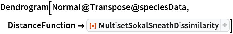 Dendrogram[Normal@Transpose@speciesData, DistanceFunction -> ResourceFunction["MultisetSokalSneathDissimilarity", ResourceVersion->"1.0.0"]]
