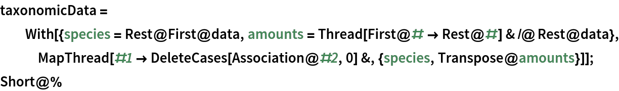 taxonomicData = With[{species = Rest@First@data, amounts = Thread[First@# -> Rest@#] & /@ Rest@data}, MapThread[#1 -> DeleteCases[Association@#2, 0] &, {species, Transpose@amounts}]];
Short@%