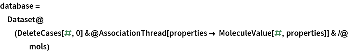 database = Dataset@(DeleteCases[#, 0] &@
      AssociationThread[
       properties -> MoleculeValue[#, properties]] & /@ mols)